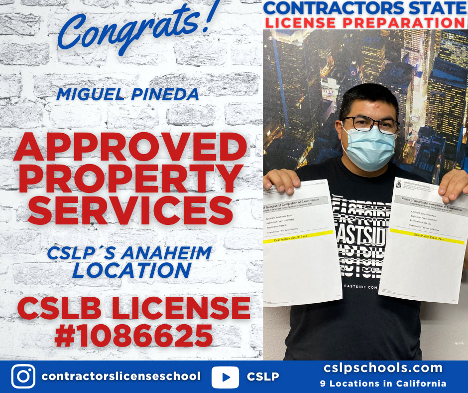 Congratulations Miguel for obtaining his General B Contractor License